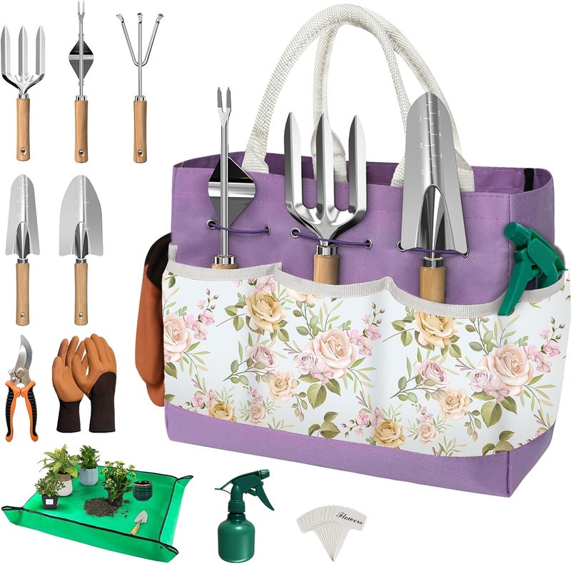 OUREST 22Pcs Gardening Tools Set for Women Heavy Duty Garden Hand Tool Kit Gifts for Mom Gardener Beginner Gardening Accessories with Large Tote Bag/Shovel/Repotting Mat/Plant Labels/Gloves - Image 1